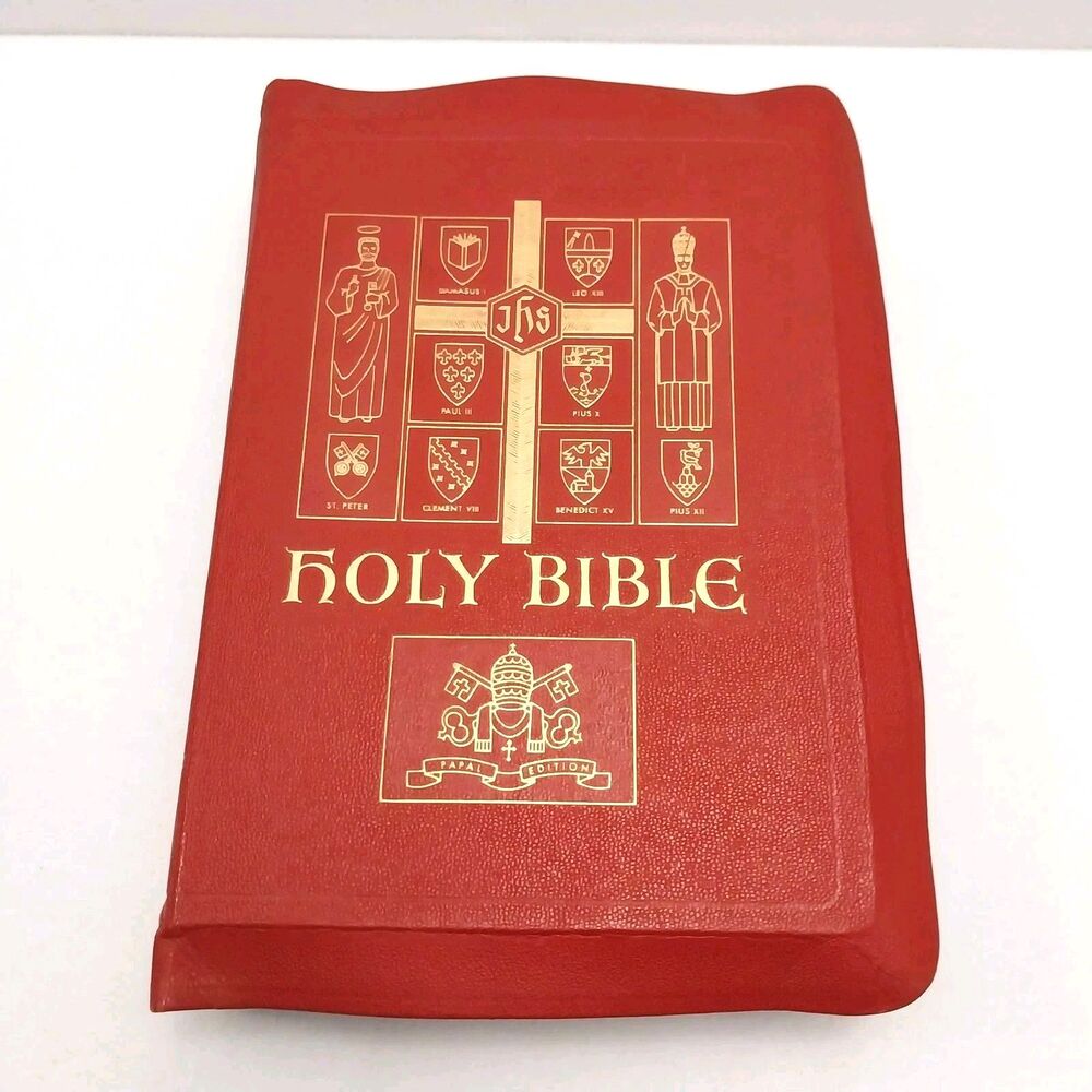 Vintage 1950s Holy Bible Papal Edition Catholic Press Red Gold Illustrated #E59